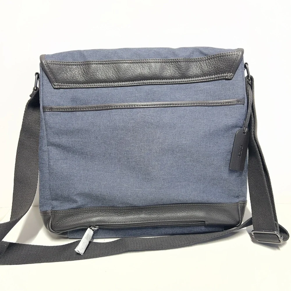 Levenger Staff Bag Messenger Crossbody Carry On Blue Jean Black Leather Accent